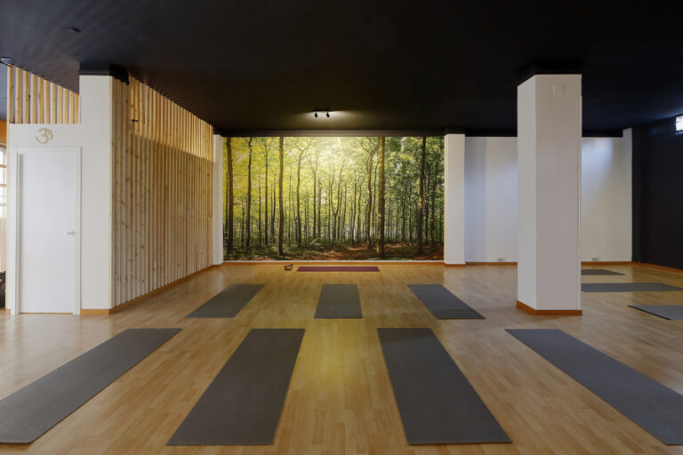 Sala de entrenamiento tras un trabajo de interiorismo en un centro de yoga para el proyecto natura